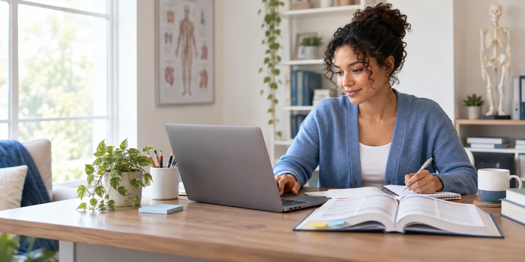 An aspiring medical coder studying independently with a laptop and coding reference book.