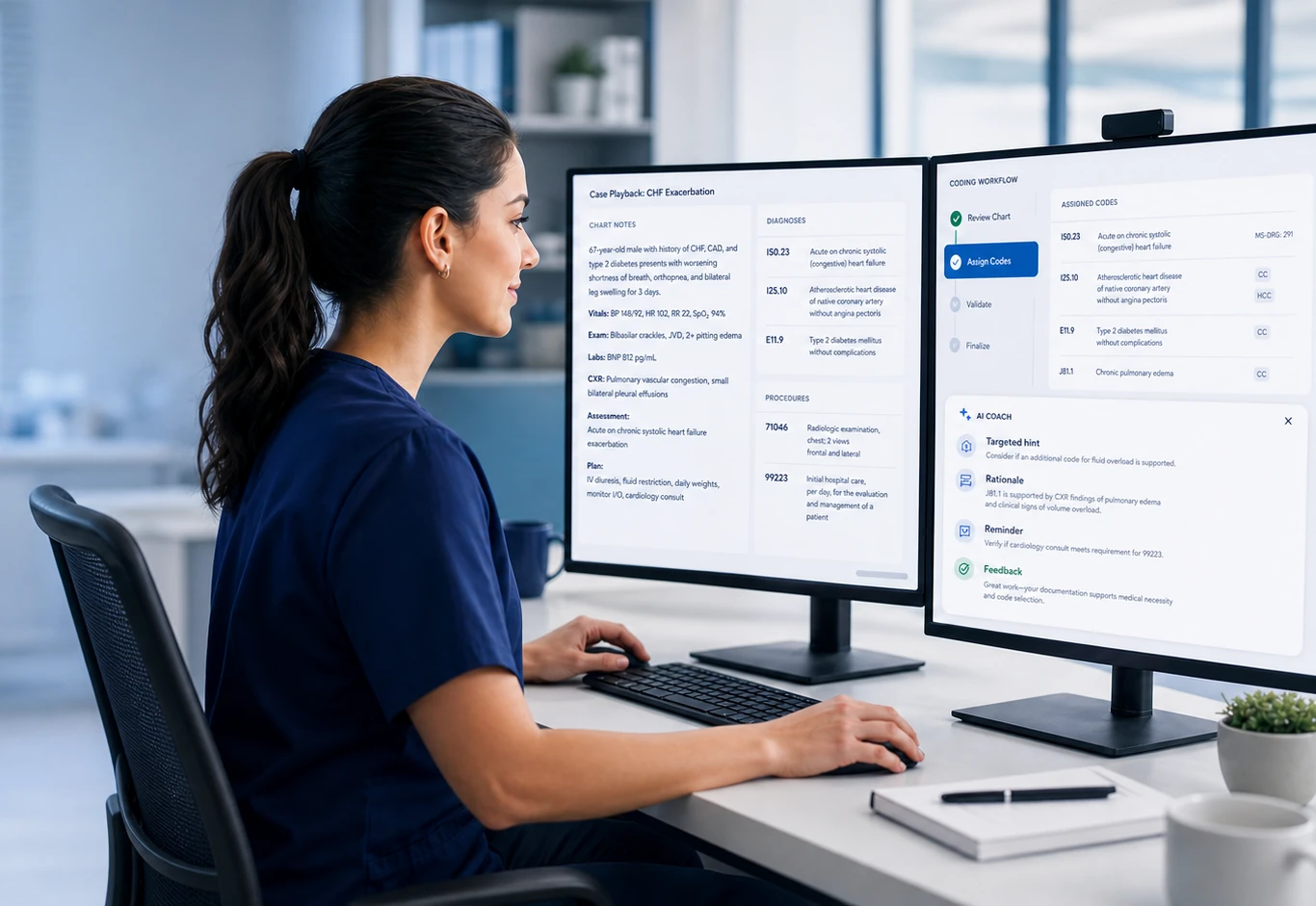 A medical coder reviewing a clinical case with guided coding workflow support on multiple monitors.