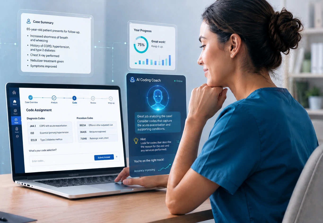 A medical coding learner using Lucenne's case workflow with an AI Coding Coach panel.