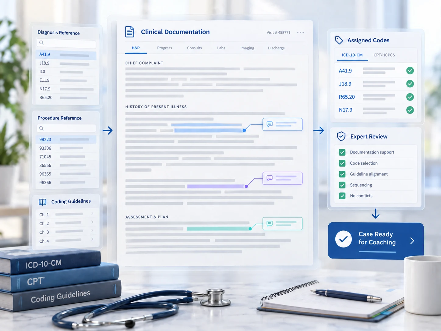 A medical coding case moving from clinical documentation and coding references through expert review to a coaching-ready case.