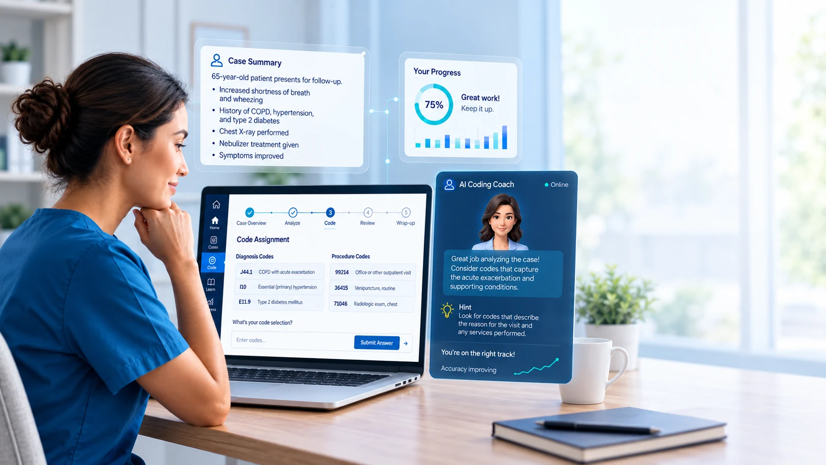 A medical coding learner using Lucenne's case workflow with an approachable AI Coding Coach.